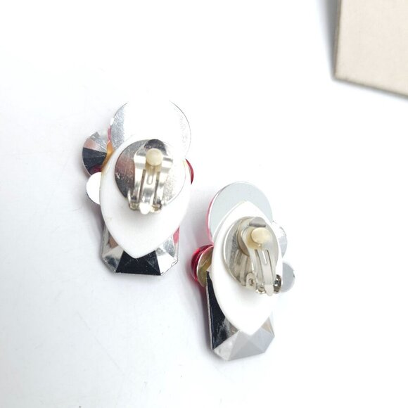 Vintage 1980s Acrylic Clip-On Earrings In Purple Pink Orange Red Geometric - Picture 4 of 5